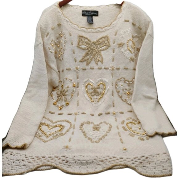 Work In Progress Women’s Ivory Sweater Size XL 18 / 20 Beaded Hearts Bow - Picture 8 of 12